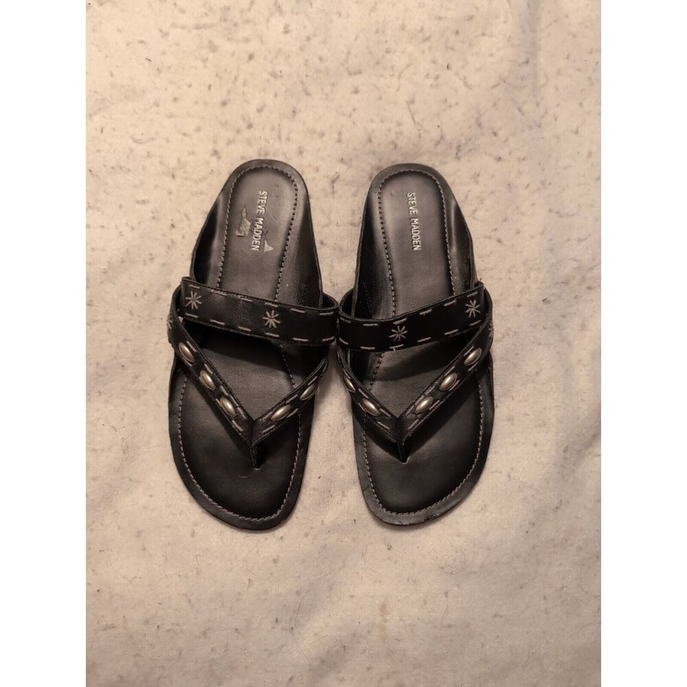 Steve Madden Black Leather Thong Slide Sandals Women's Size 8.5